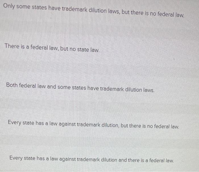 Solved Only some states have trademark dilution laws, but