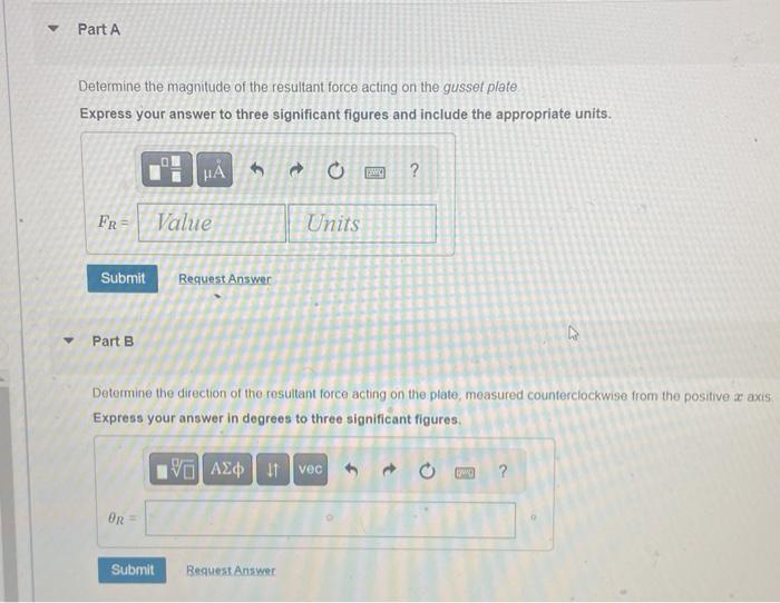 Determine the magnitude of the resultant force acting on the gussef plate
Express your answer to three significant figures an