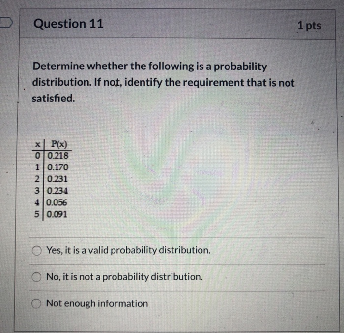 Solved Question 11 1 pts Determine whether the following is | Chegg.com