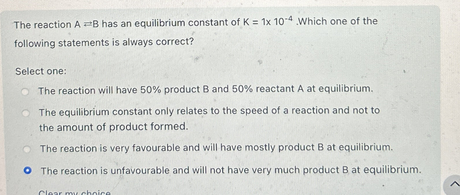 Solved The reaction A⇄B ﻿has an equilibrium constant of | Chegg.com