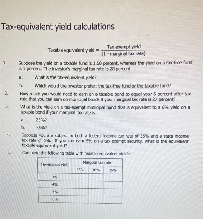 Solved Tax-equivalent yield calculations 1. a. 2. 3. Taxable | Chegg.com