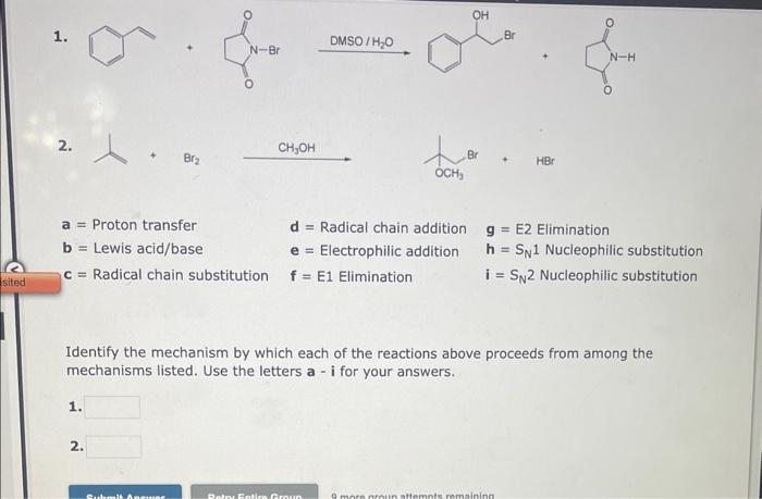 Solved 1. 2. a= Proton transfer d= Radical chain addition g= | Chegg.com