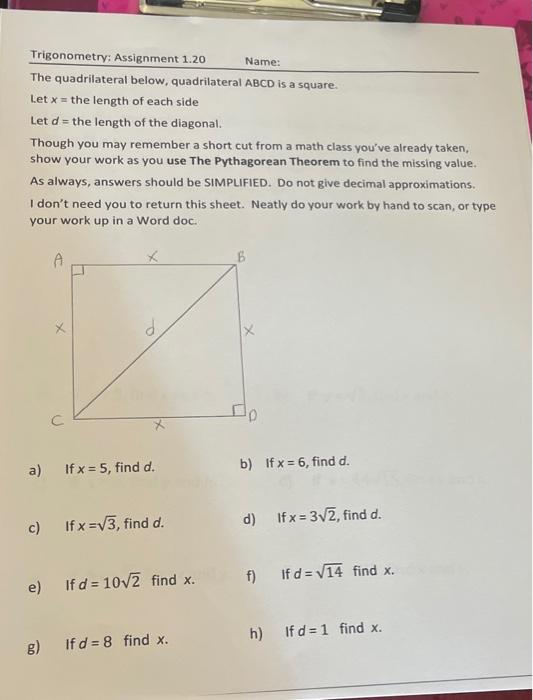 Solved Name: Trigonometry: Assignment 1.20 The quadrilateral | Chegg.com