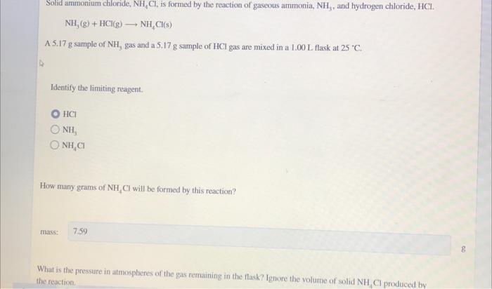 Solved Solid Ammonium Chloride Nh4cl Is Formed By The 9571