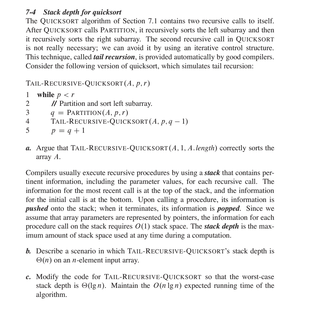 Solved 7-4 Stack Depth For Quicksort The QUICKSORT Algorithm | Chegg.com