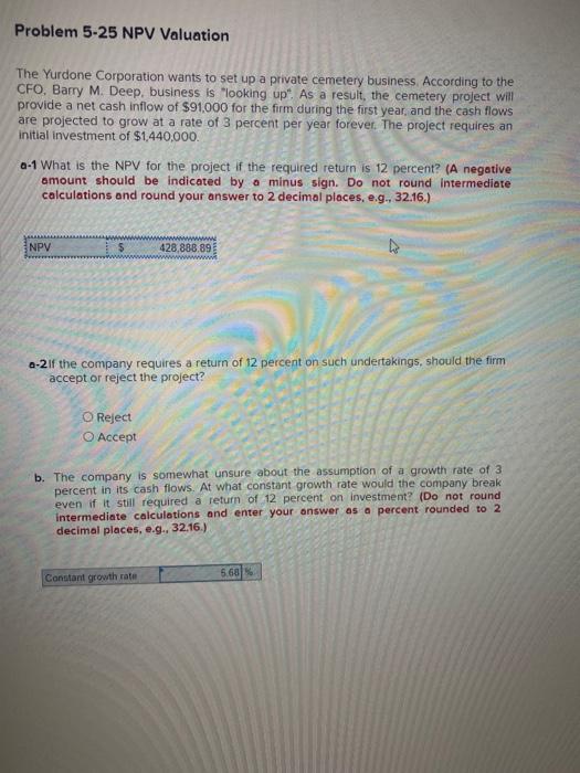 Solved Problem 5-25 NPV Valuation The Yurdone Corporation | Chegg.com