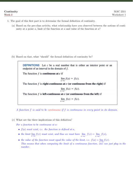 Solved Mac 2311 Continuity Week 3 Worksheet 1 1 The Goal Chegg Com