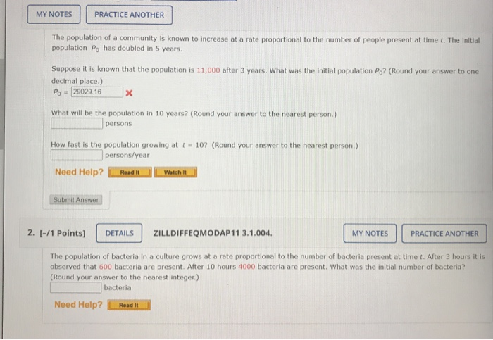 Solved MY NOTES PRACTICE ANOTHER The population of a | Chegg.com