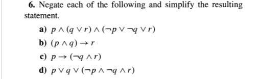 6. Negate each of the following and simplify the | Chegg.com