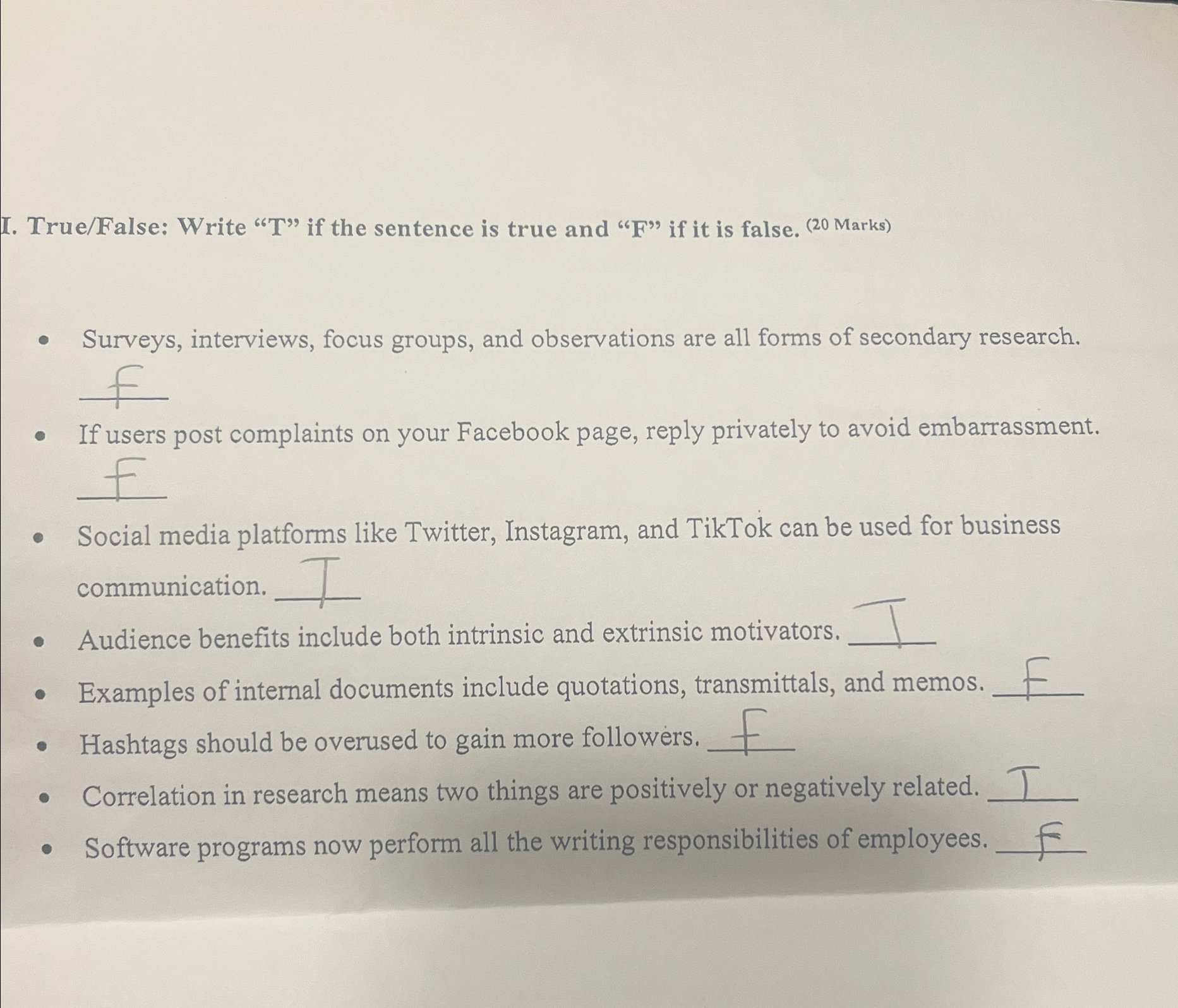 Solved I. True/False: Write 