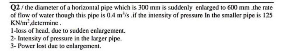 Solved Q2 / the diameter of a horizontal pipe which is 300 | Chegg.com