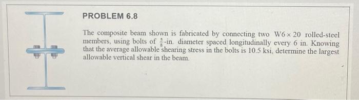 The composite beam shown is fabricated by connecting two W \( 6 \times 20 \) rolled-steel members, using bolts of \( \frac{5}