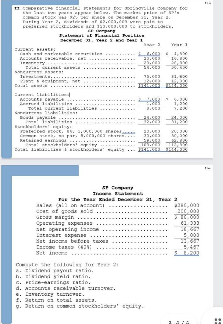 Solved II. Comparative Financial Statements For Springville | Chegg.com