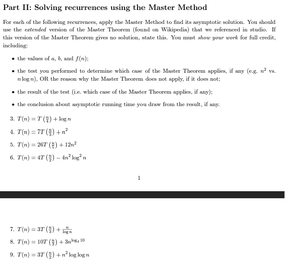 Solved Part II: Solving Recurrences Using The Master | Chegg.com