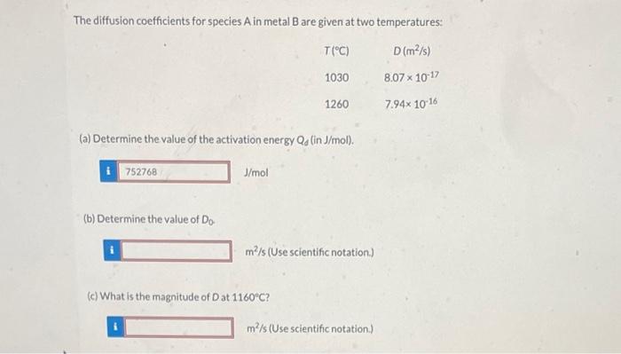 Solved The Diffusion Coefficients For Species A In Metal B | Chegg.com