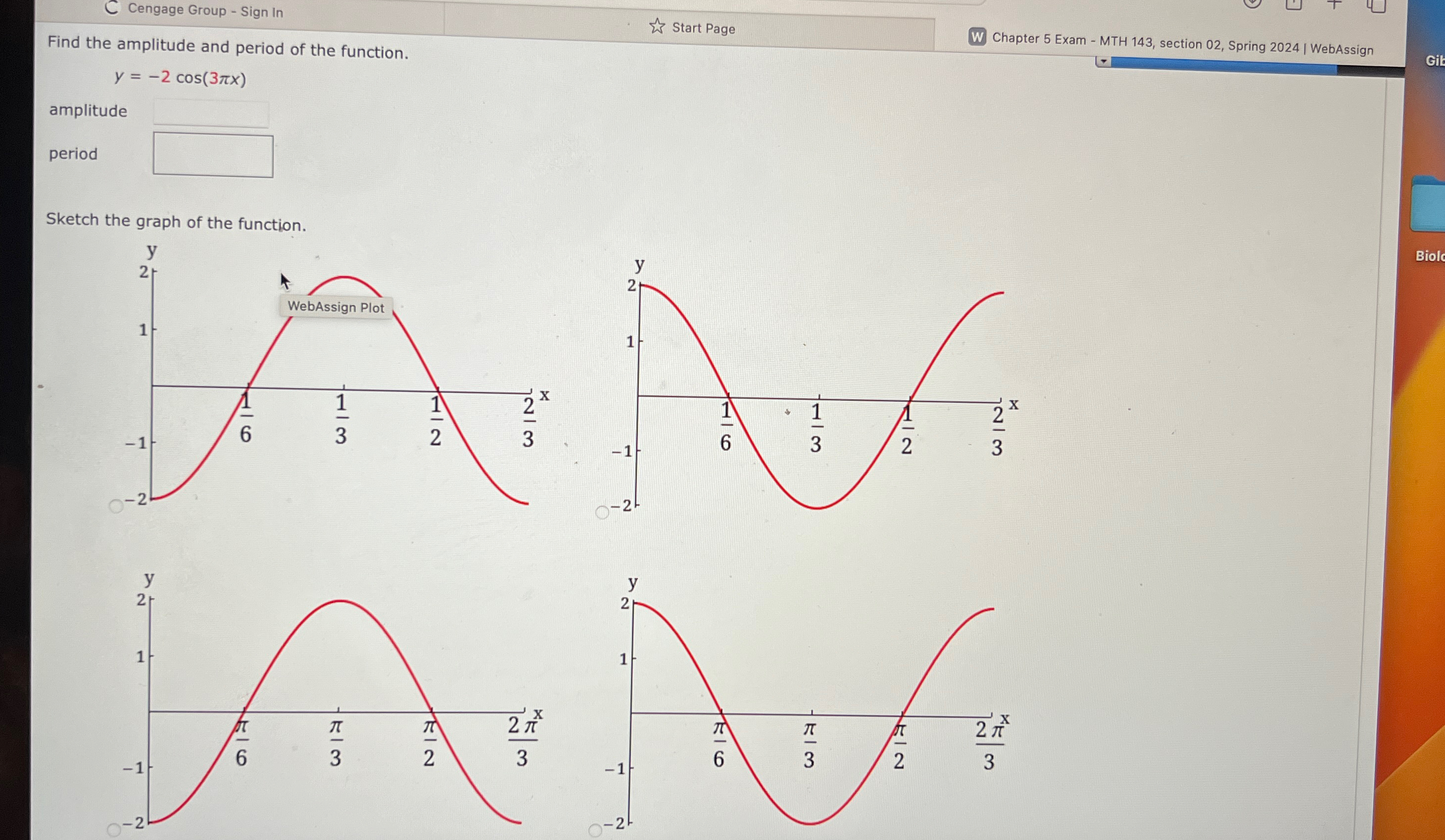 Solved Find the amplitude and period of the function.Start | Chegg.com