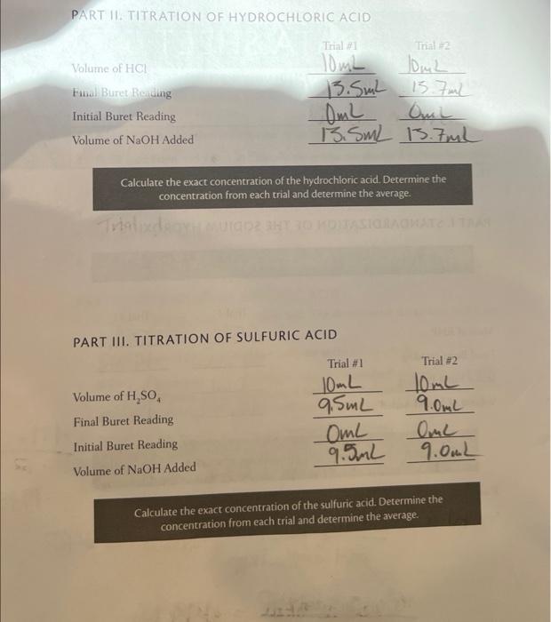 Solved PART II. TITRATION OF HYDROCHLORIC ACID Calculare The | Chegg.com