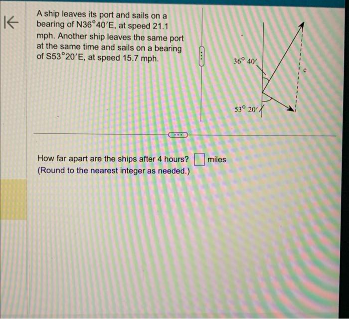 A ship leaves its port and sails on a bearing of \( \mathrm{N} 36^{\circ} 40^{\prime} \mathrm{E} \), at speed \( 21.1 \) \( \