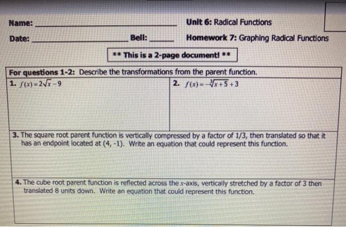 homework 7 6 graphing radical functions