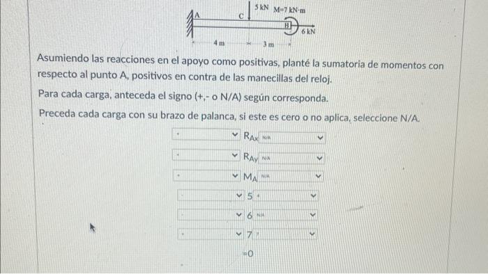 Asumiendo las reacciones en el apoyo como positivas, planté la sumatoria de momentos con respecto al punto A, positivos en co