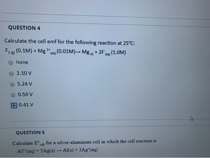 Solved QUESTION 4 Calculate the cell emf for the following | Chegg.com