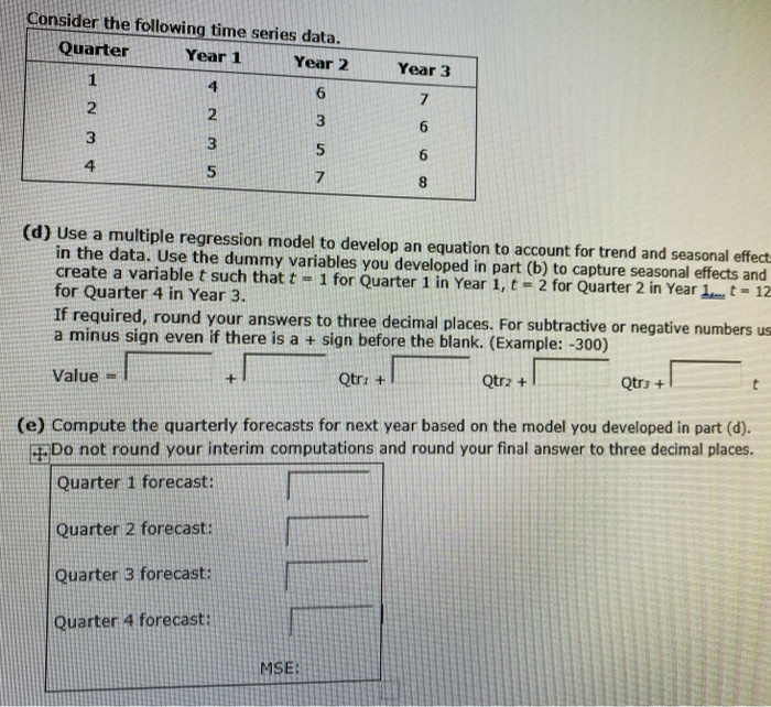 Solved Consider the following time series data. Quarter Year | Chegg.com