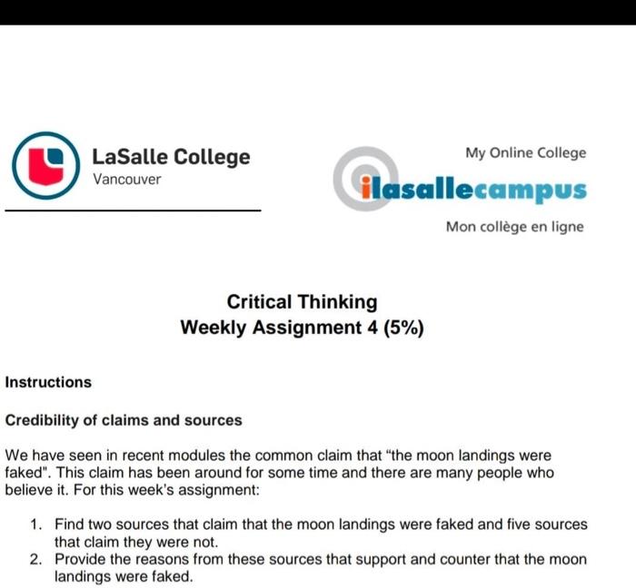 Critical Thinking Weekly Assignment 4 (5\%) | Chegg.com