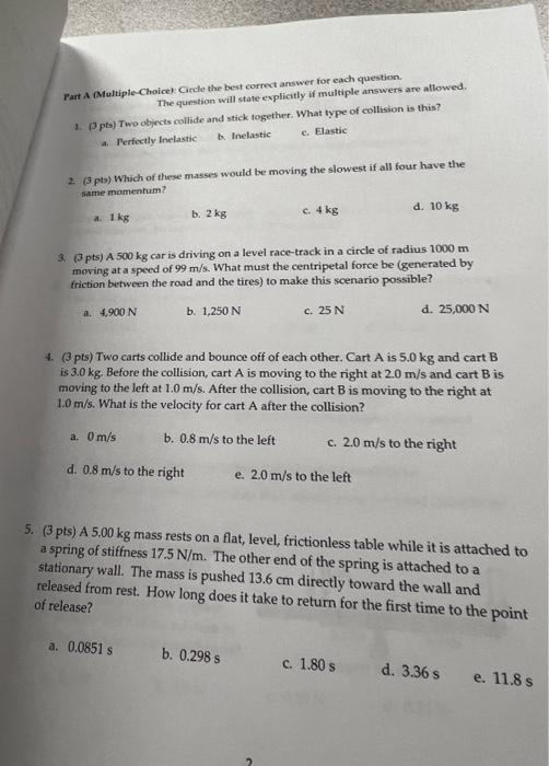 Solved Part A Multiple Choice Circle the best correct answer | Chegg.com