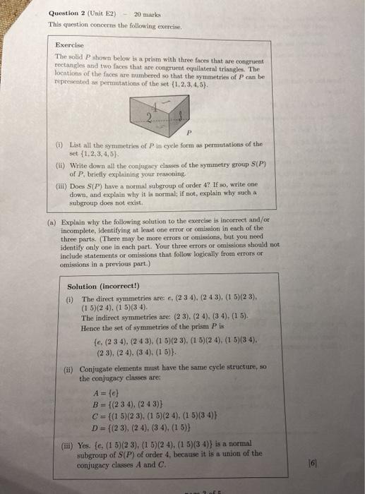 Solved Question 2 (Unit E2) 20 marks This question concerns | Chegg.com