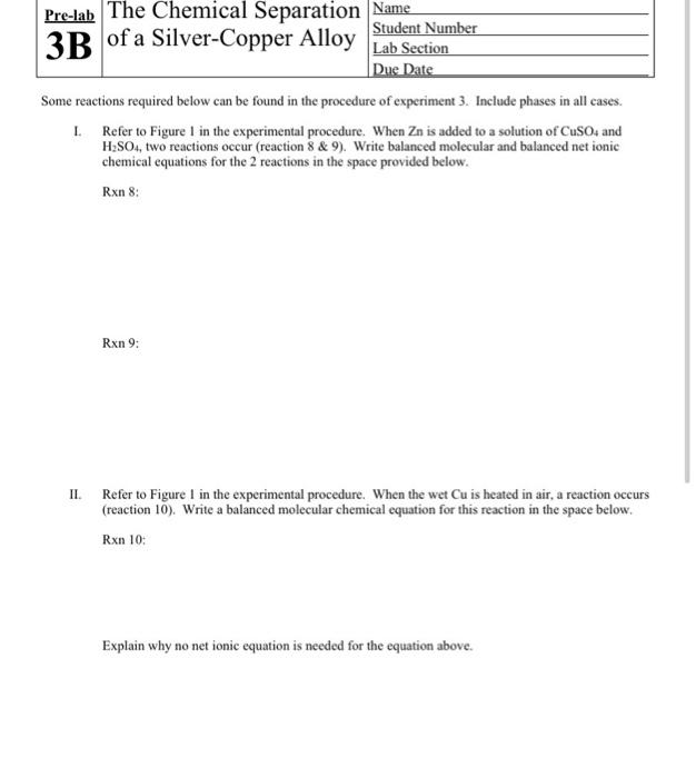 Solved Pre-lab The Chemical Separation Name Student Number | Chegg.com