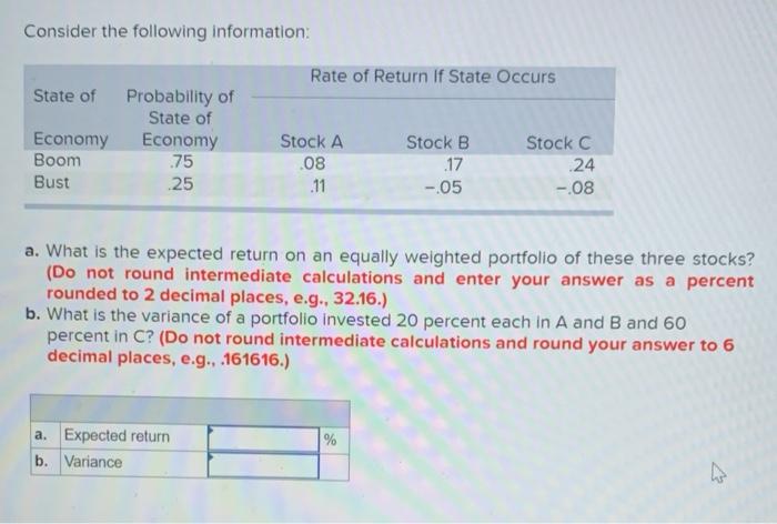 Solved Consider the following information: Rate of Return If | Chegg.com
