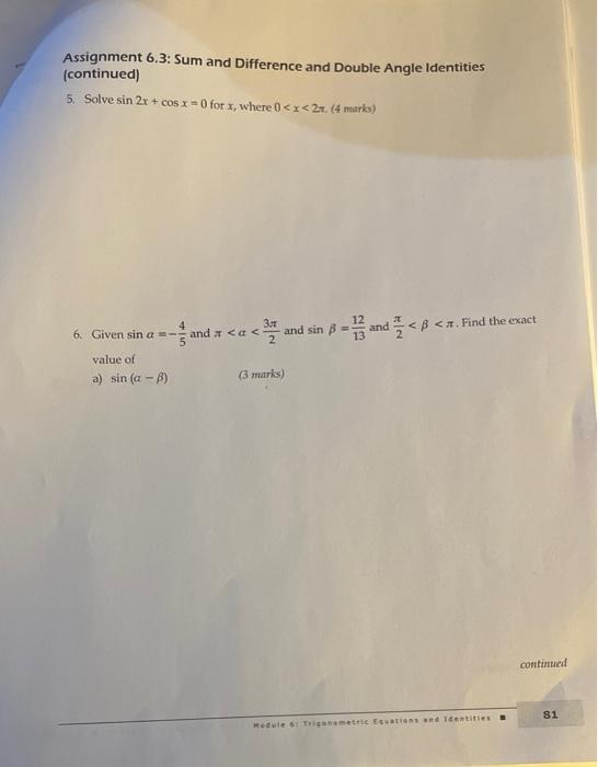 Solved Assignment 6.3: Sum and Difference and Double Angle | Chegg.com