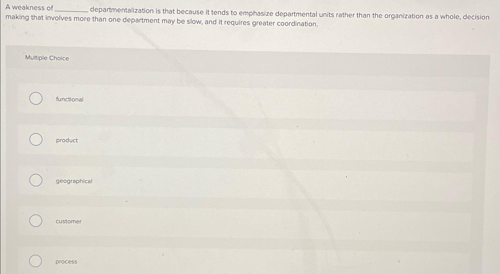 Solved A weakness of departmentalization is that because it | Chegg.com