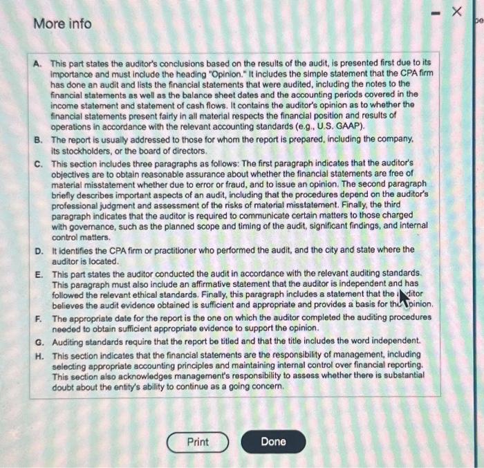 More info
A. This part states the auditors conclusions based on the results of the audit, is presented first due to its impo