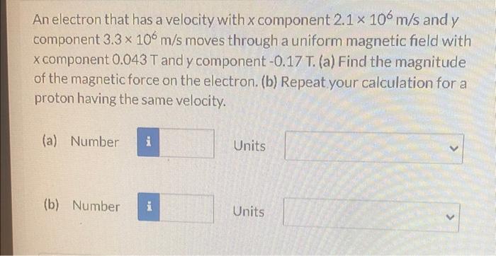 Solved An electron that has a velocity with x component | Chegg.com