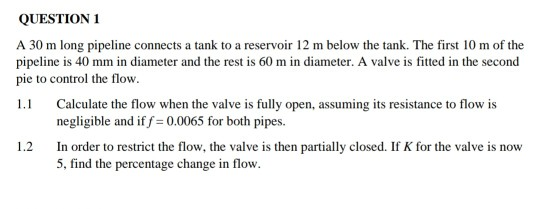 Solved QUESTION 1 A 30 m long pipeline connects a tank to a | Chegg.com