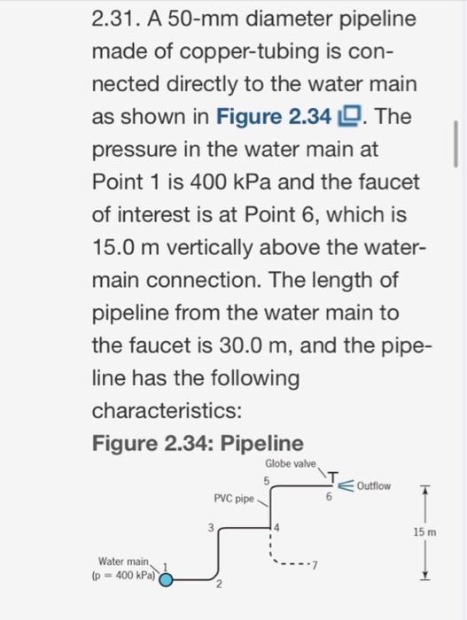 Solved 2.31. A 50-mm diameter pipeline made of copper-tubing | Chegg.com