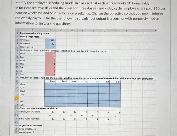 Modify the employee scheduling model in class so that | Chegg.com