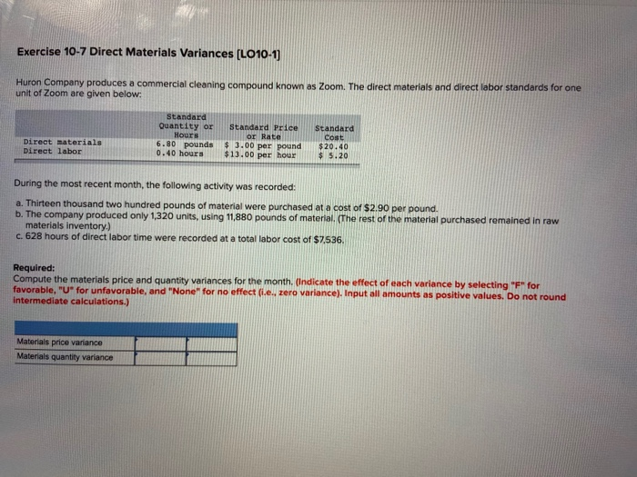 Solved Exercise 10-7 Direct Materials Variances (LO10-1) | Chegg.com