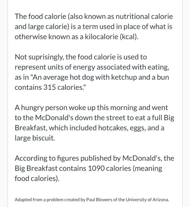 Solved The Food Calorie (also Known As Nutritional Calorie | Chegg.com