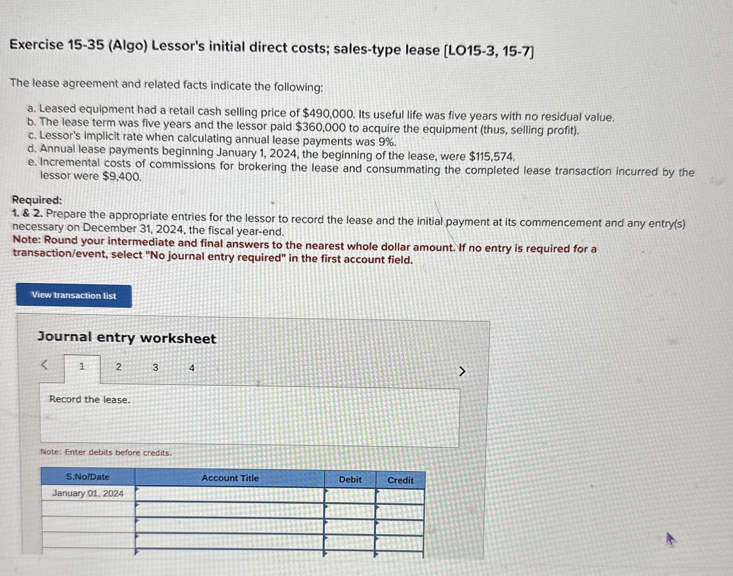 Exercise 15-35 (Algo) ﻿Lessor's initial direct costs; | Chegg.com