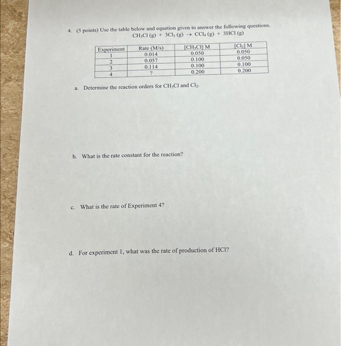 Solved 4. (5 points) Use the table below and equation given | Chegg.com