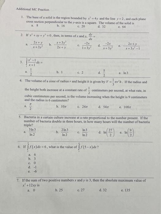 Solved Additional Mc Practice 1 The Base Of A Solid Is The Chegg Com