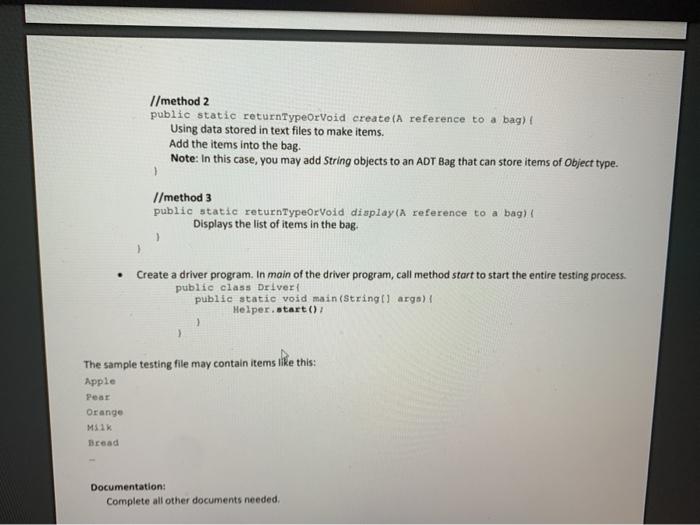 Solved Project 1 Abstract Data Type(ADT) Bag CREATE an ADT | Chegg.com