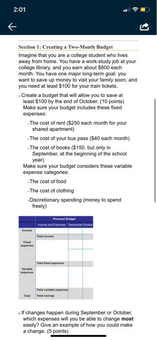 Solved 1. Each student will create their own budget for the