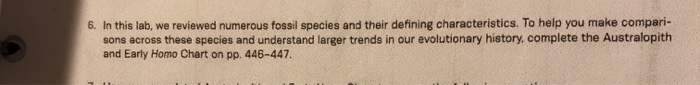 AUSTRALOPITH AND EARLY HOMO CHART (continued) Pasal | Chegg.com