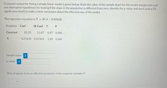 Solved Computer output for fitting a simple linear model is | Chegg.com
