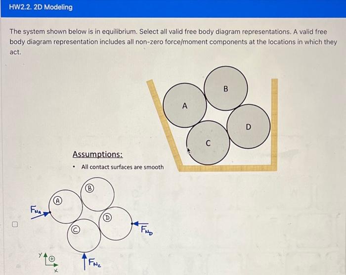 The system shown below is in equilibrium. Select all valid free body diagram representations. A valid free body diagram repre