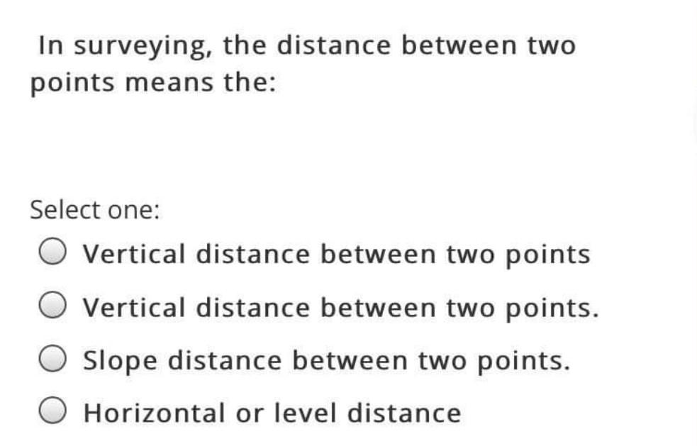 Solved In surveying, the distance between two points means | Chegg.com