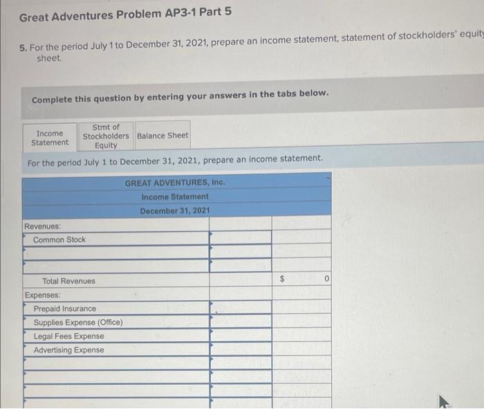 Solved Great Adventures Problem AP3-1 [The following | Chegg.com
